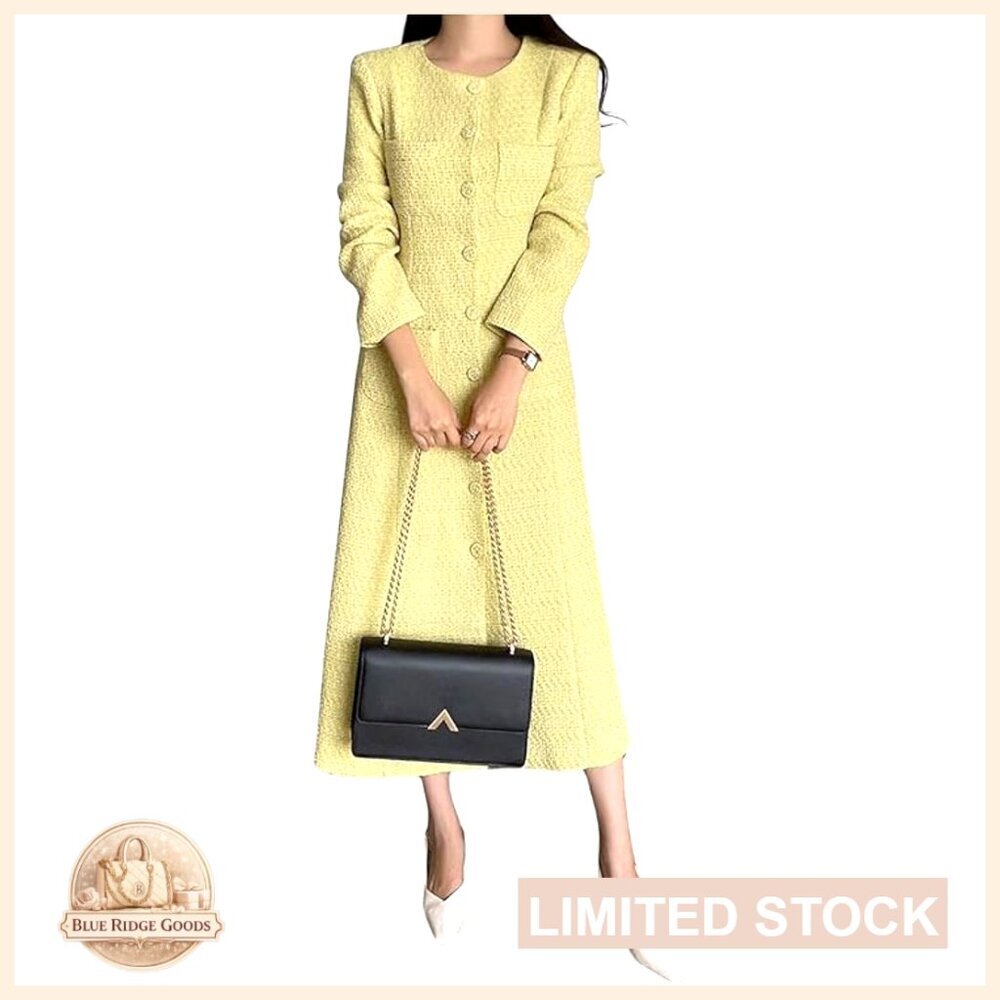 Long Sleeve Tweed Blazer Dress Elegant Classic Slim Fit Work Cocktail